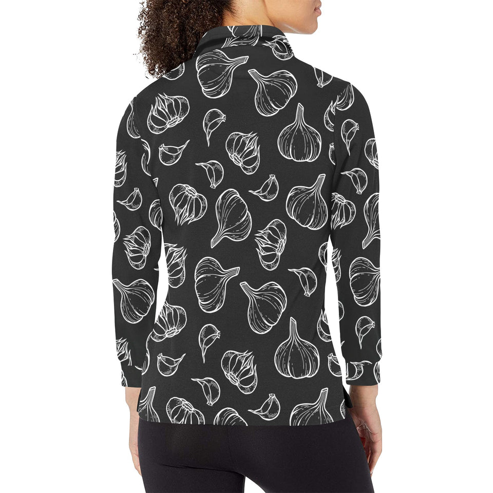 Garlic pattern black background Women's Long Sleeve Polo Shirt