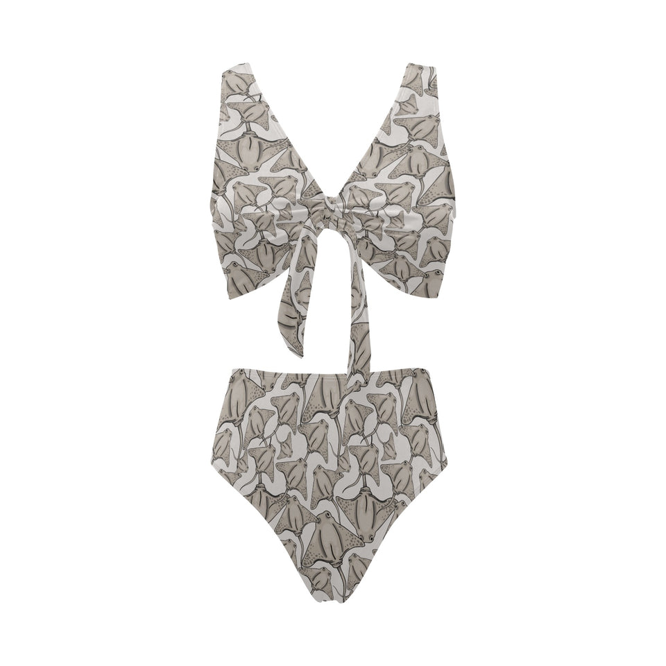 Stingray Pattern Print Design 05 Chest Bowknot High Waisted Bikini Swimsuit