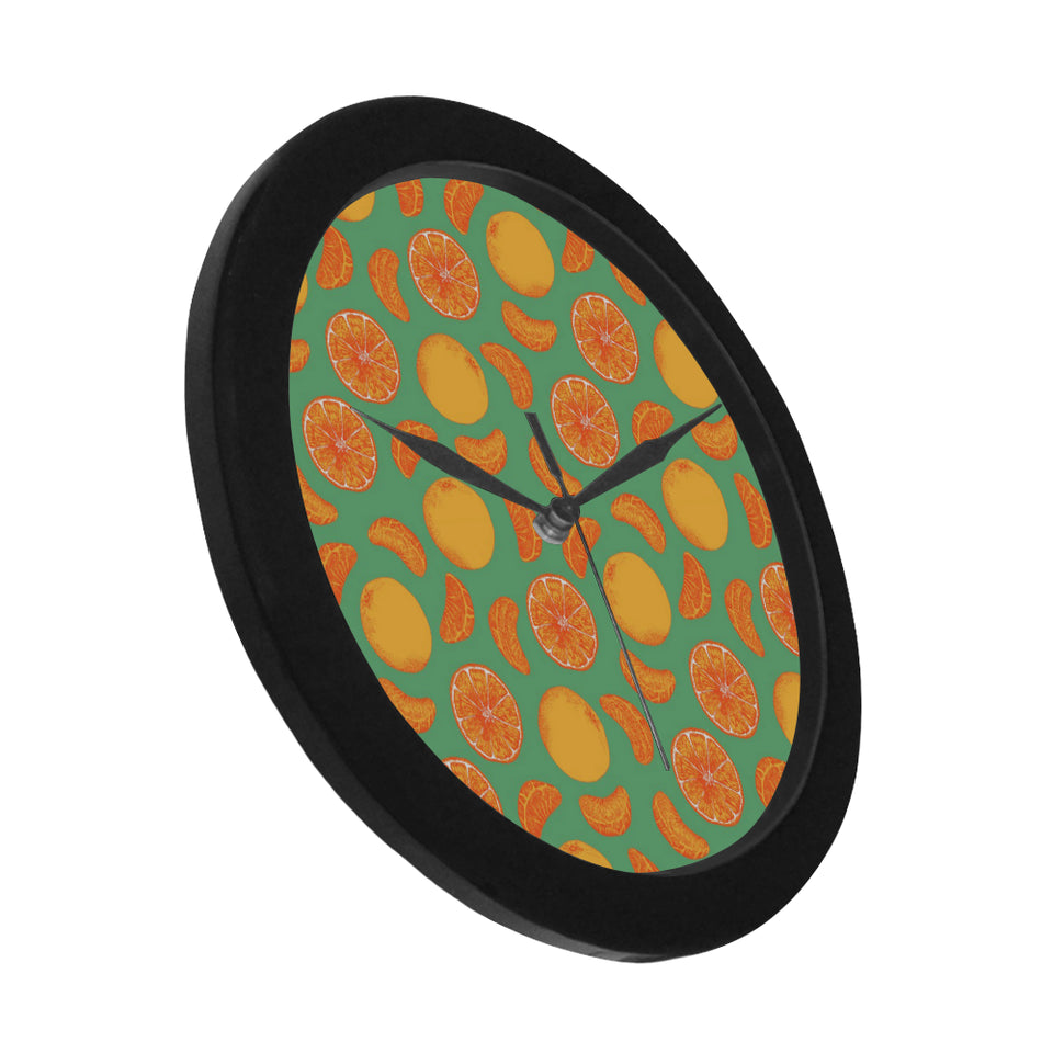 orange fruit pattern green background Elegant Black Wall Clock