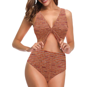 Brick Printed Pattern Print Design 03 Chest Bowknot High Waisted Bikini Swimsuit