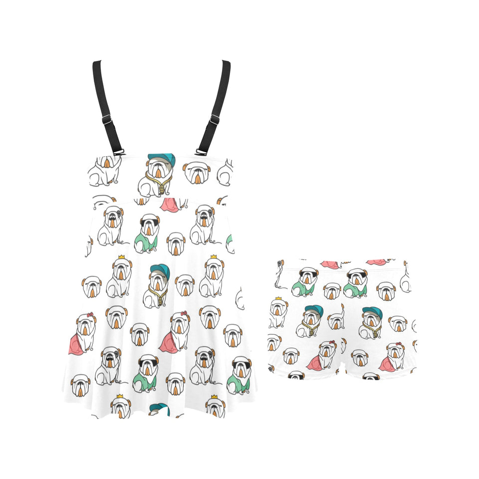 English Bulldog Pattern Print Design 03 Chest Sexy Pleated Two Piece Swim Dress