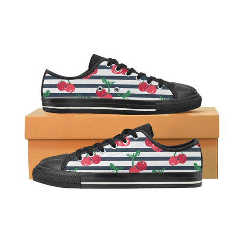 Hand drawn cherry pattern striped background Kids' Boys' Girls' Low Top Canvas Shoes Black