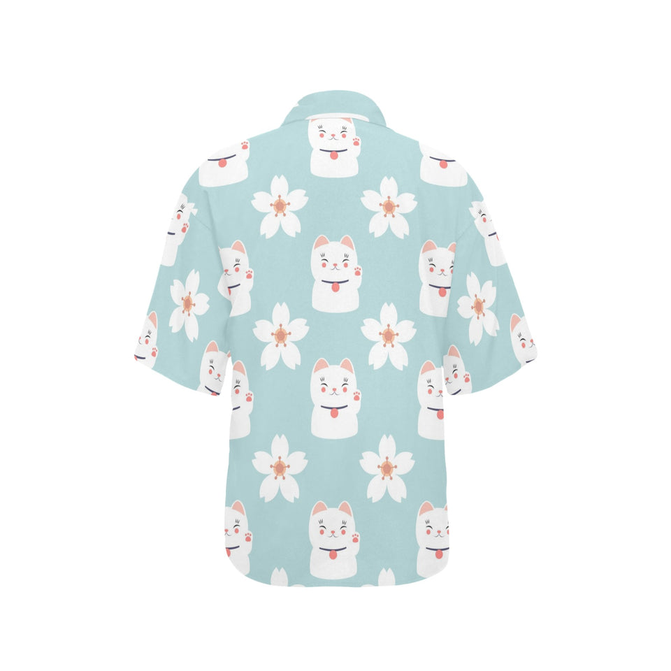 Maneki neko cat sakura Women's All Over Print Hawaiian Shirt