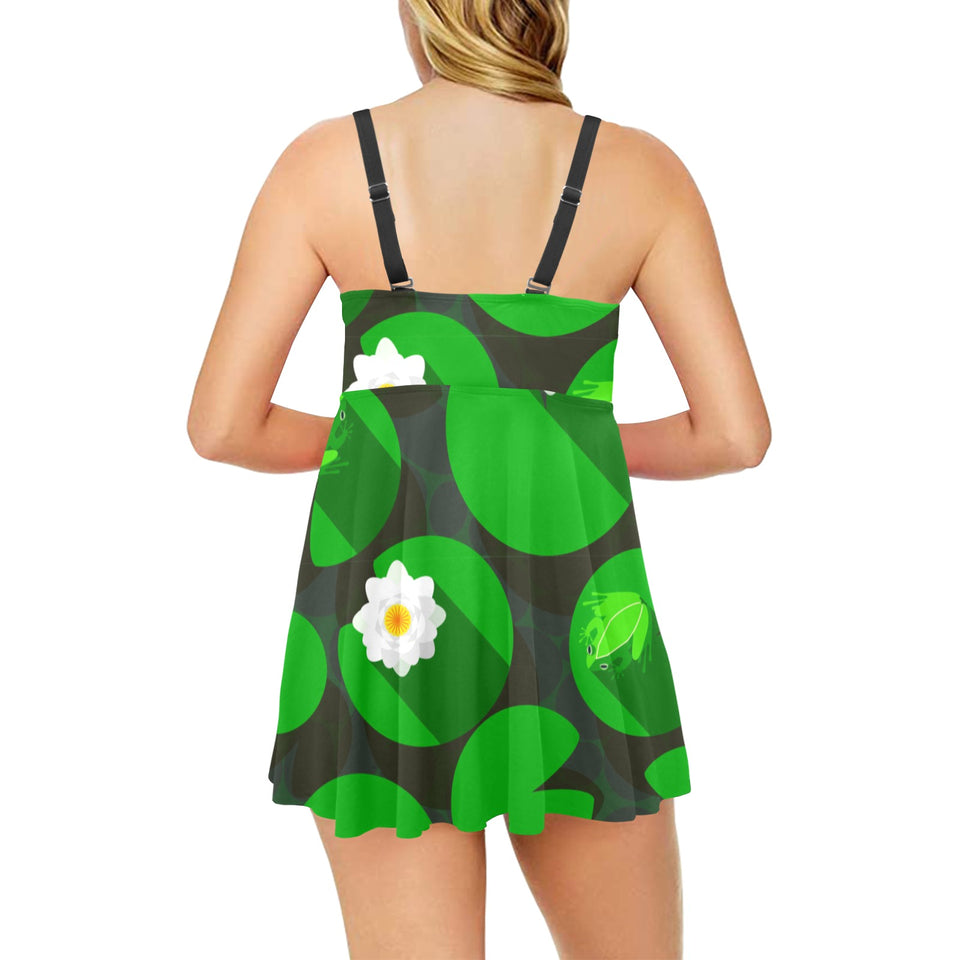 Frog waterlily pattern Chest Sexy Pleated Two Piece Swim Dress
