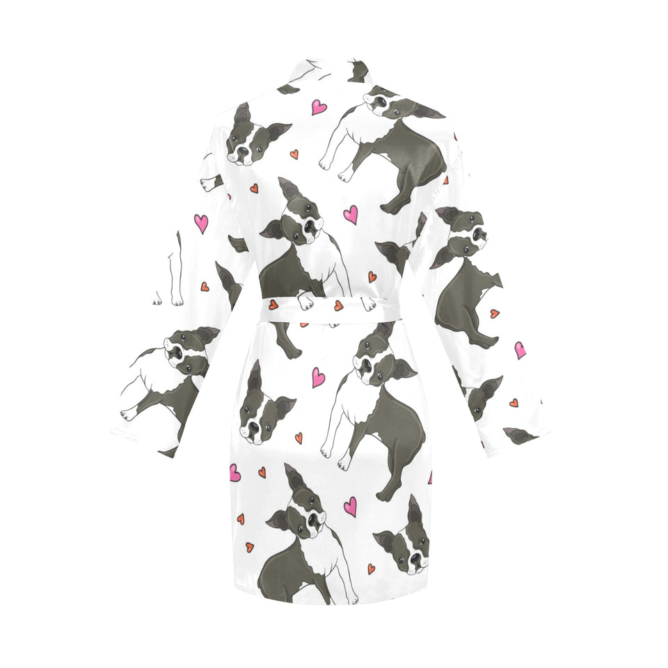Boston terrier dog hearts vector pattern Women's Long Sleeve Belted Night Robe