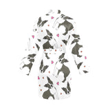 Boston terrier dog hearts vector pattern Women's Long Sleeve Belted Night Robe