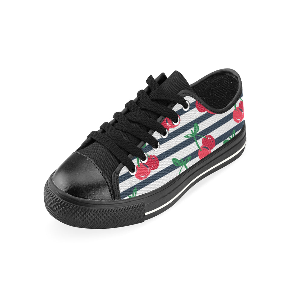Hand drawn cherry pattern striped background Men's Low Top Canvas Shoes Black
