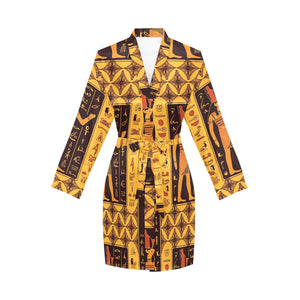 Egypt Hieroglyphics Pattern Print Design 05 Women's Long Sleeve Belted Night Robe