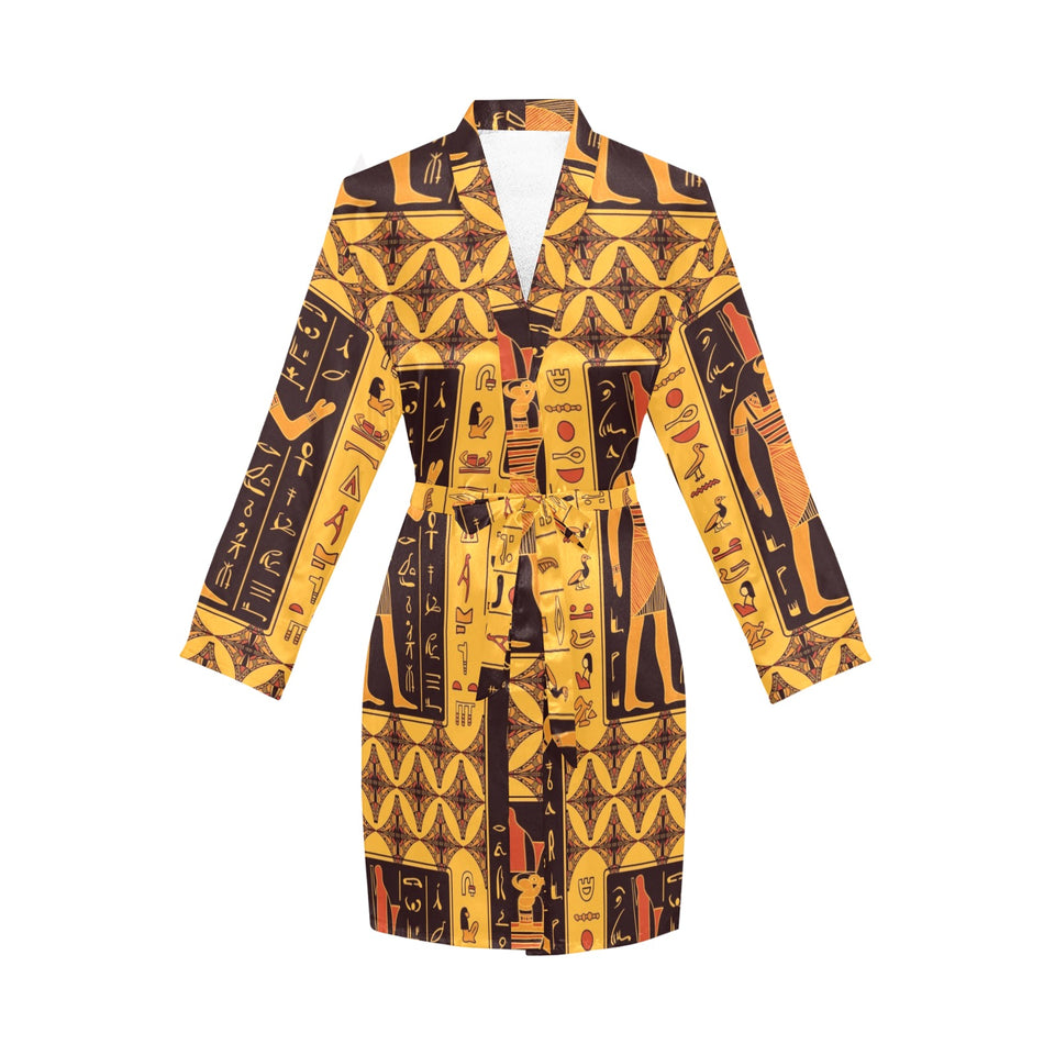 Egypt Hieroglyphics Pattern Print Design 05 Women's Long Sleeve Belted Night Robe