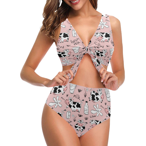 Cows milk product pink background Chest Bowknot High Waisted Bikini Swimsuit