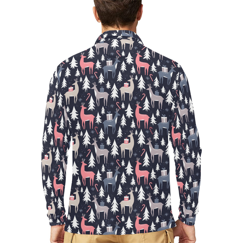 Deers Winter Christmas pattern Men's Long Sleeve Polo Shirt