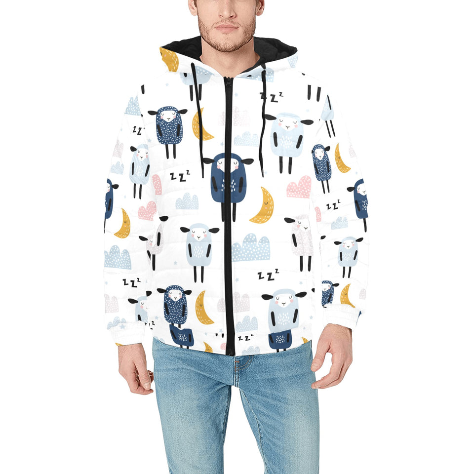 Cute sleeping sheep moon cloud pattern Men's Padded Hooded Jacket