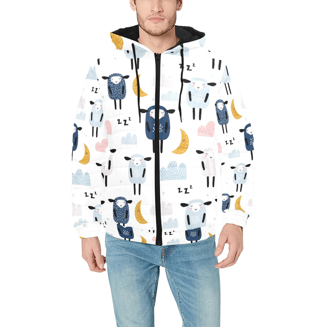 Cute sleeping sheep moon cloud pattern Men's Padded Hooded Jacket