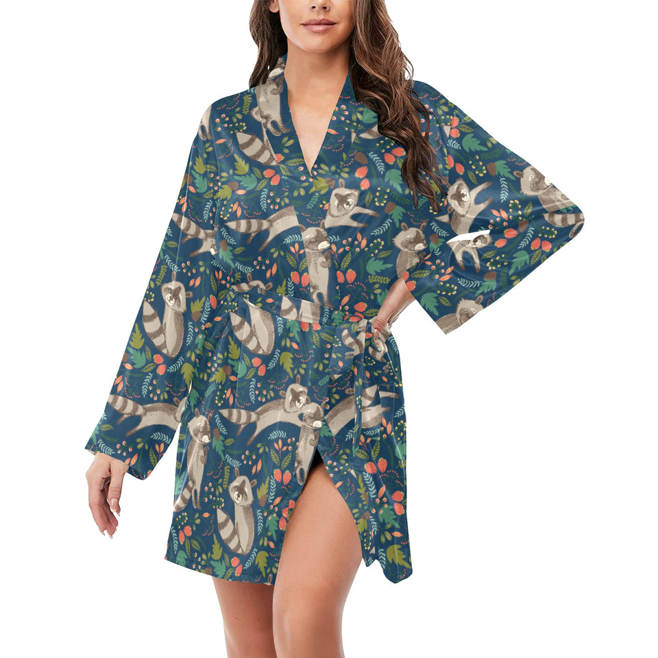 Raccoon tropical leaves pattern Women's Long Sleeve Belted Night Robe