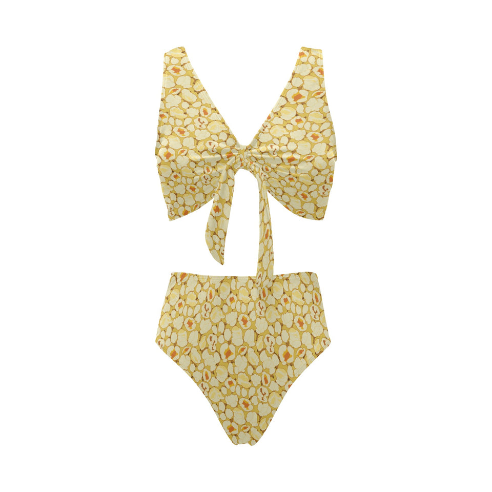 Popcorn Pattern Print Design 04 Chest Bowknot High Waisted Bikini Swimsuit