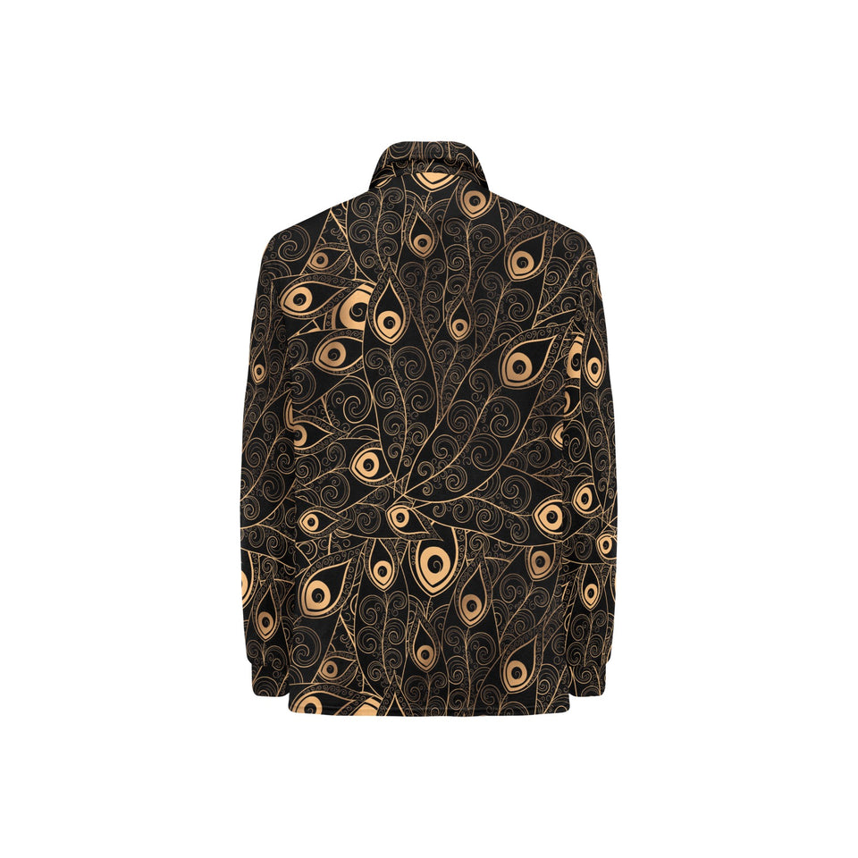 Gold peacock feather pattern Women's Long Sleeve Polo Shirt