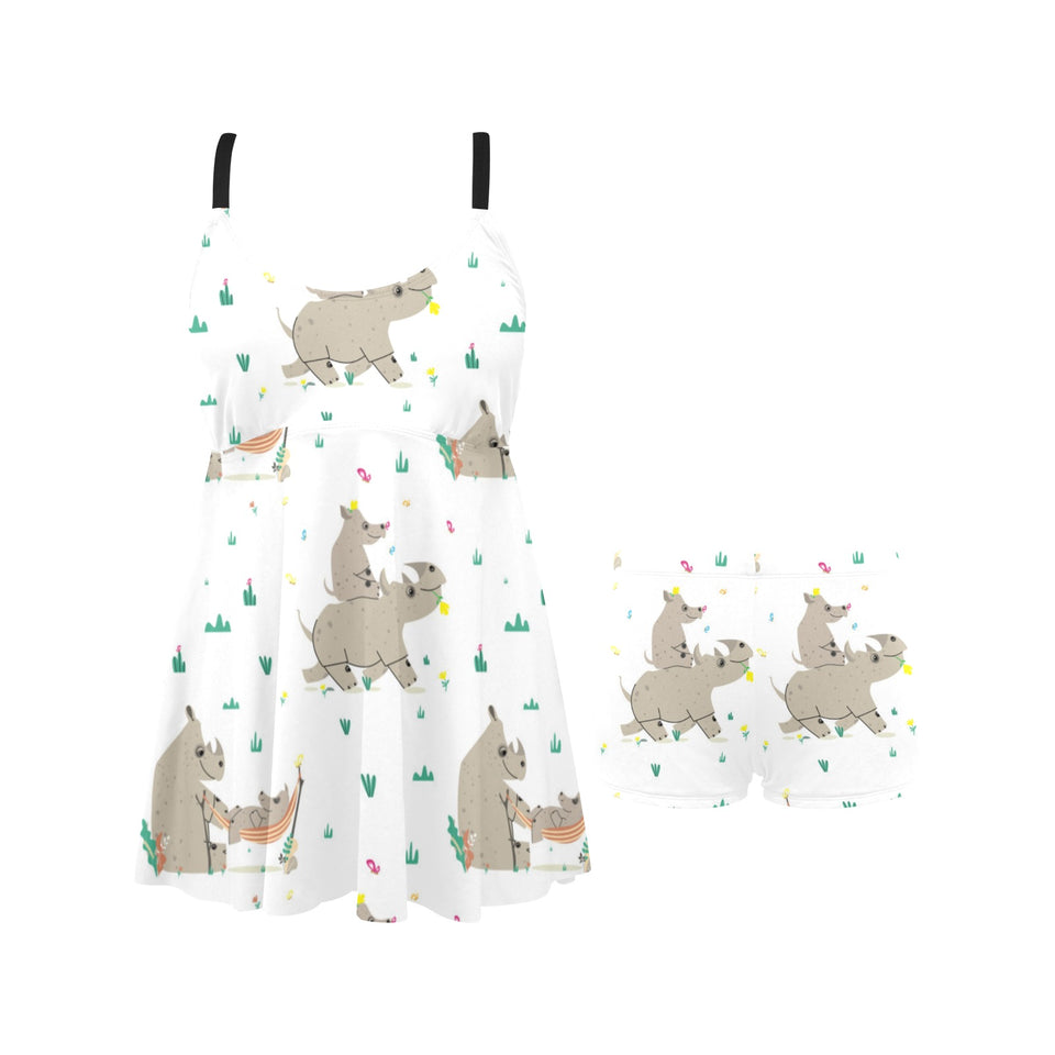 Cute Rhino pattern background Chest Sexy Pleated Two Piece Swim Dress