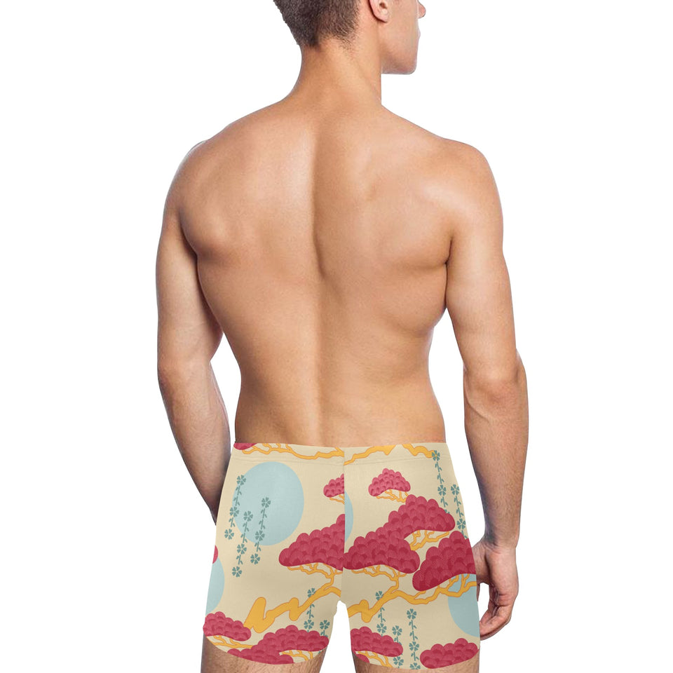 Red Bonsai gray sun japanese pattern Men's Swimming Trunks