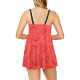 strawberry pattern red background Chest Sexy Pleated Two Piece Swim Dress
