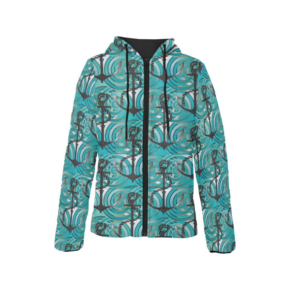 Anchor nautical green background Women's Padded Hooded Jacket