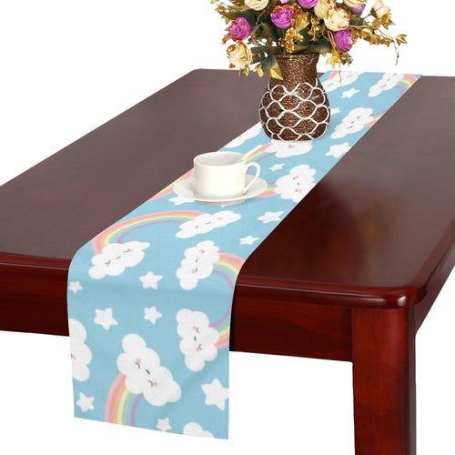 Cute rainbow clound star pattern blue background Table Runner