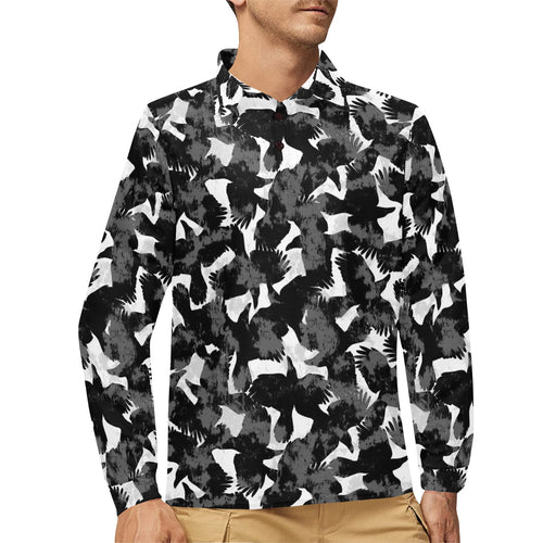 Crow illustration pattern Men's Long Sleeve Polo Shirt