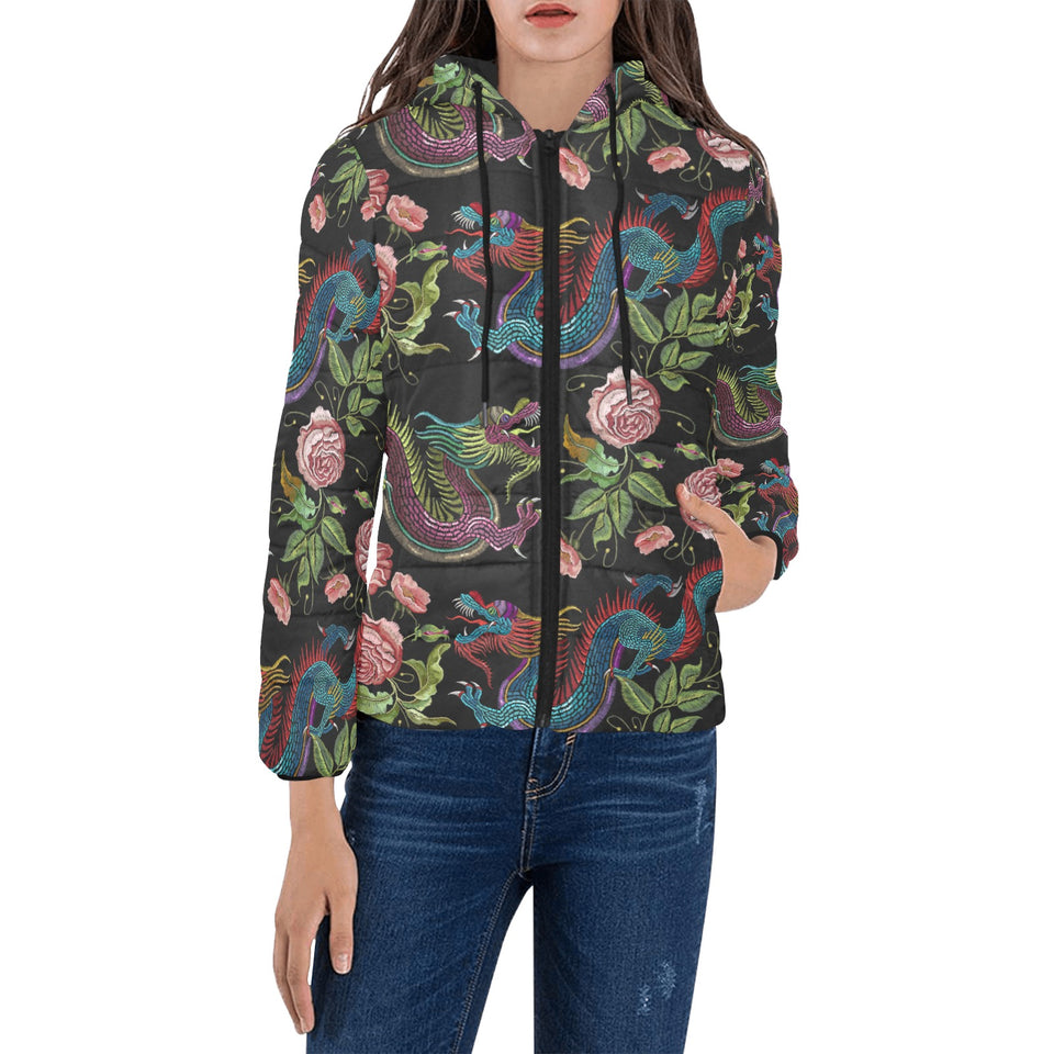 Dragons flower pattern Women's Padded Hooded Jacket