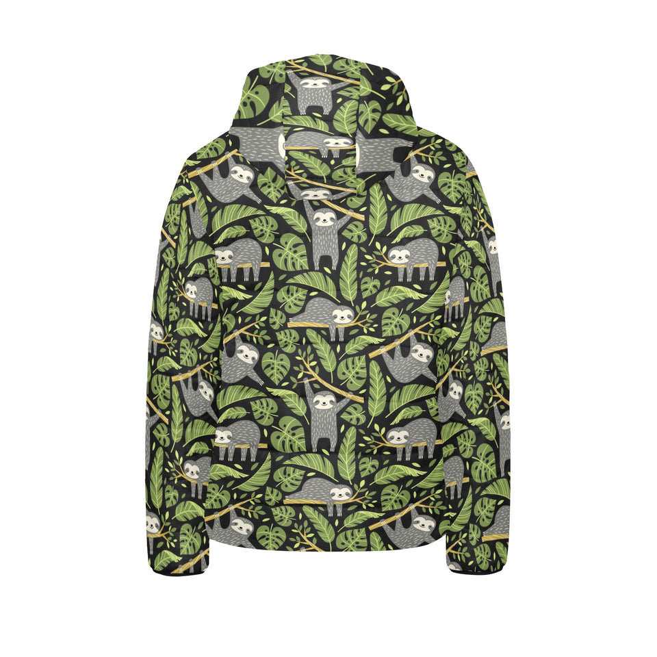 Cute sloths tropical palm leaves black background Kids' Boys' Girls' Padded Hooded Jacket