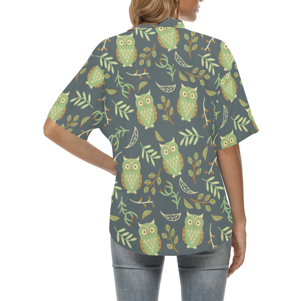 Cute owls leaves pattern Women's All Over Print Hawaiian Shirt