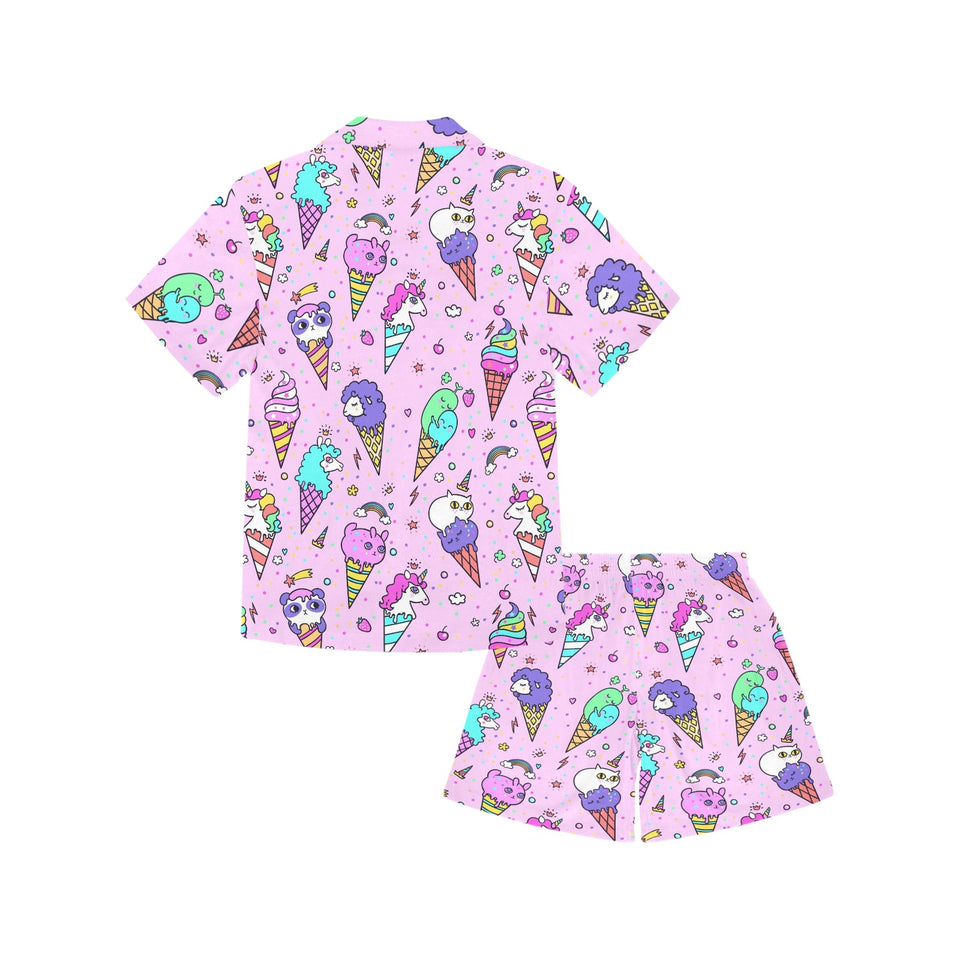 Cute ice cream cone animal pattern Kids' Boys' Girls' V-Neck Short Pajama Set