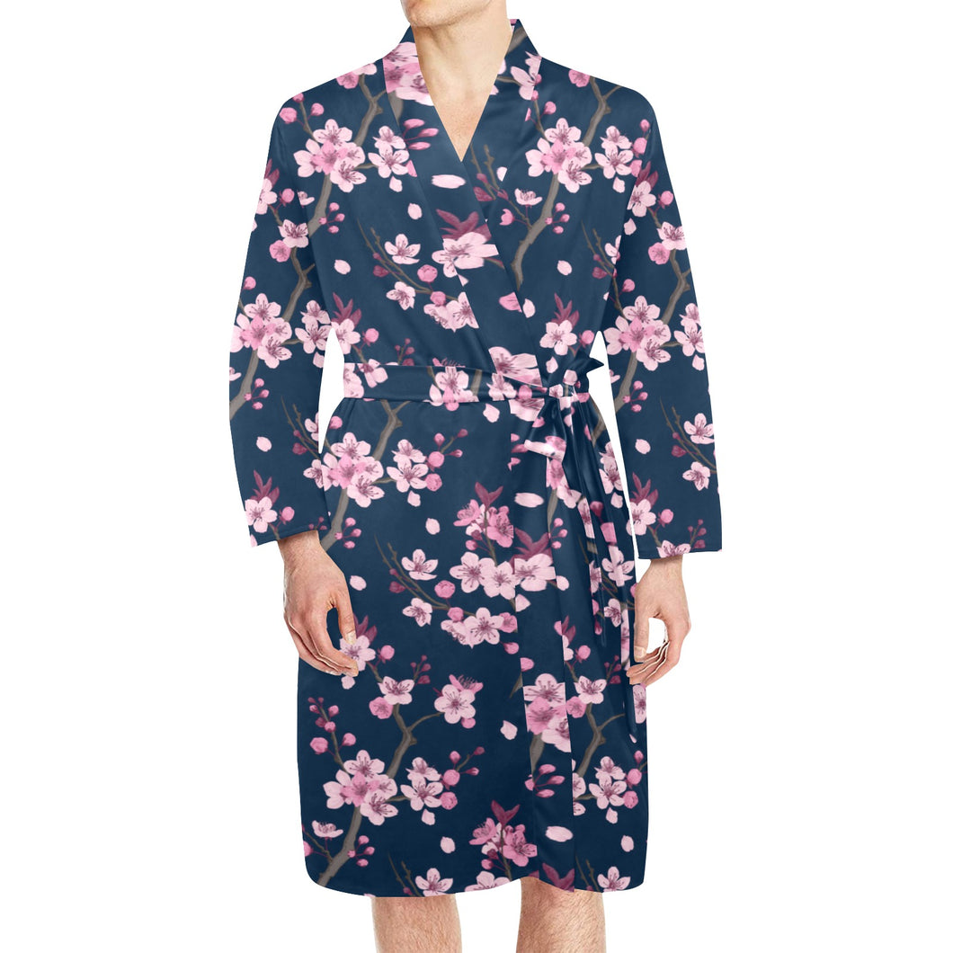 Pink sakura cherry blossom blue background Men's Long Sleeve Belted Night Robe