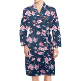 Pink sakura cherry blossom blue background Men's Long Sleeve Belted Night Robe