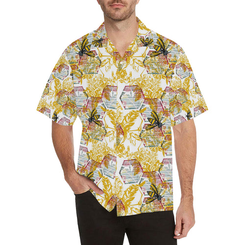 Cool Bee honeycomb leaves pattern Men's All Over Print Hawaiian Shirt