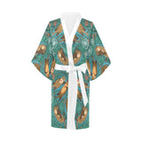cute brown sea otters ornamental seaweed corals gr Women's Short Kimono Robe