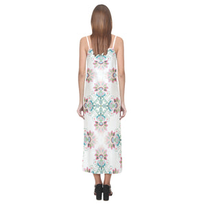 Square floral indian flower pattern V-Neck Open Fork Long Dress