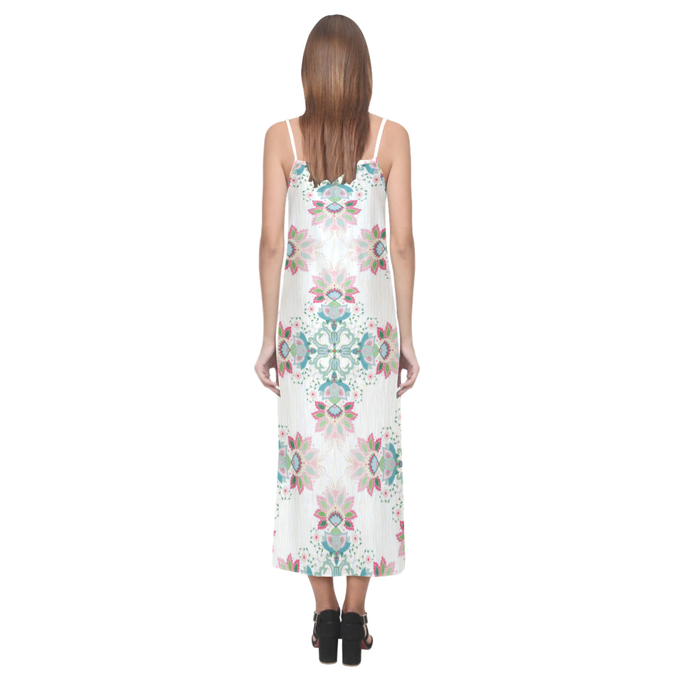 Square floral indian flower pattern V-Neck Open Fork Long Dress
