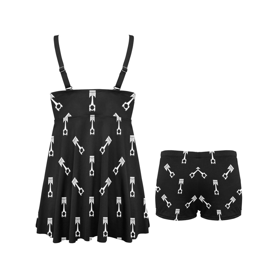 Engine Piston Black Theme Pattern Print Design 03 Chest Sexy Pleated Two Piece Swim Dress