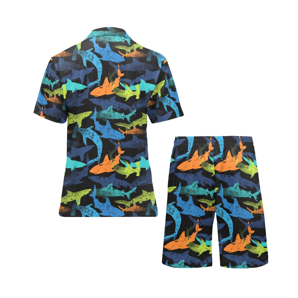 Colorful shark Men's V-Neck Short Pajama Set