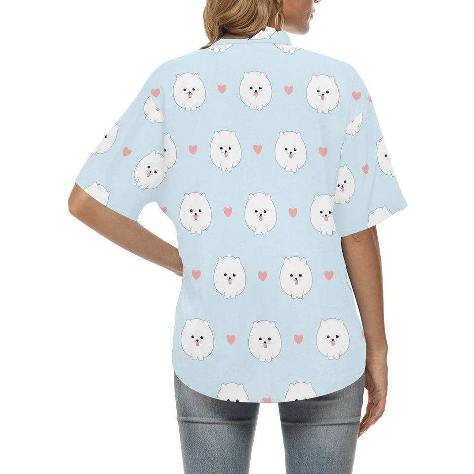 White cute pomeranian pattern Women's All Over Print Hawaiian Shirt