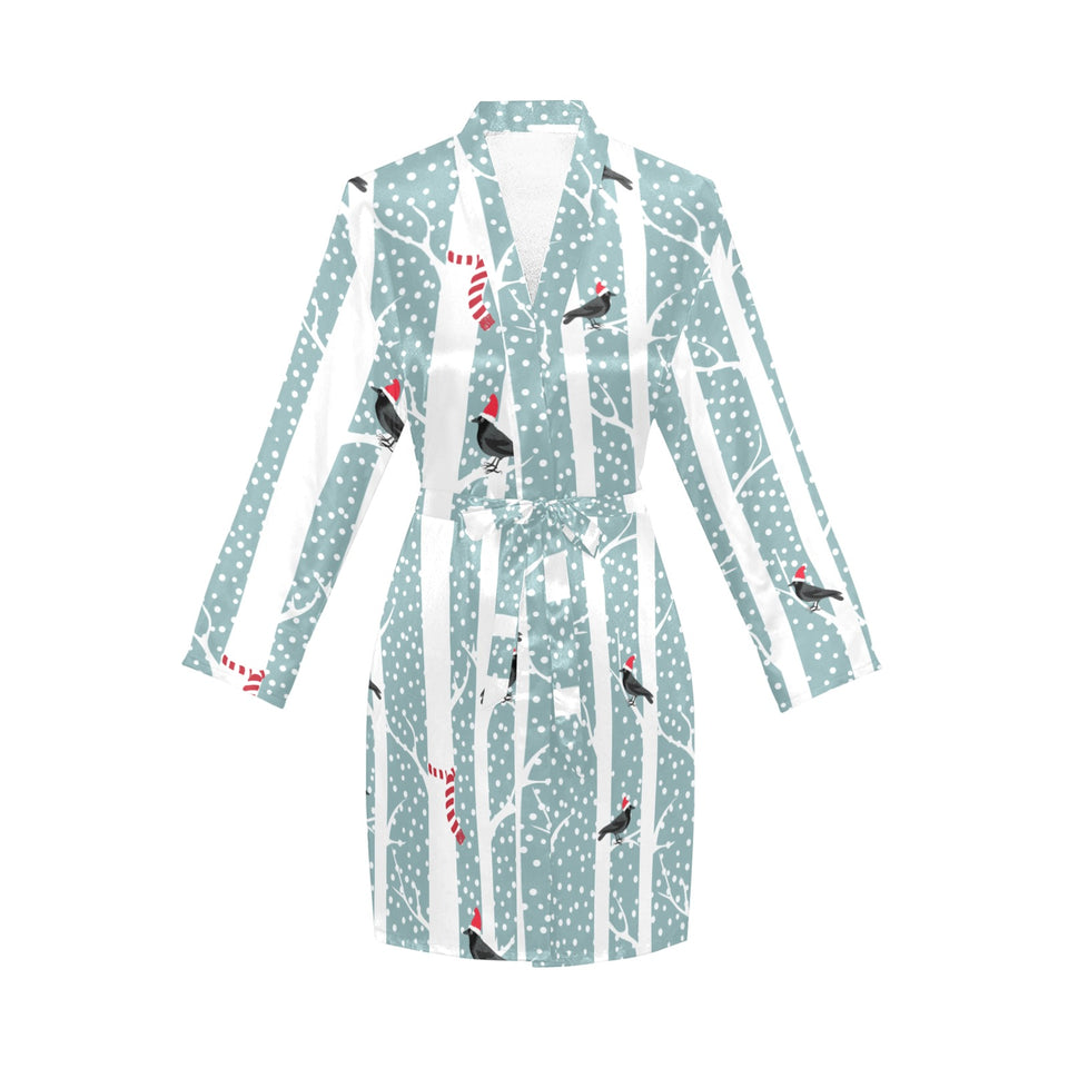 Crows christmas hat scarf Women's Long Sleeve Belted Night Robe