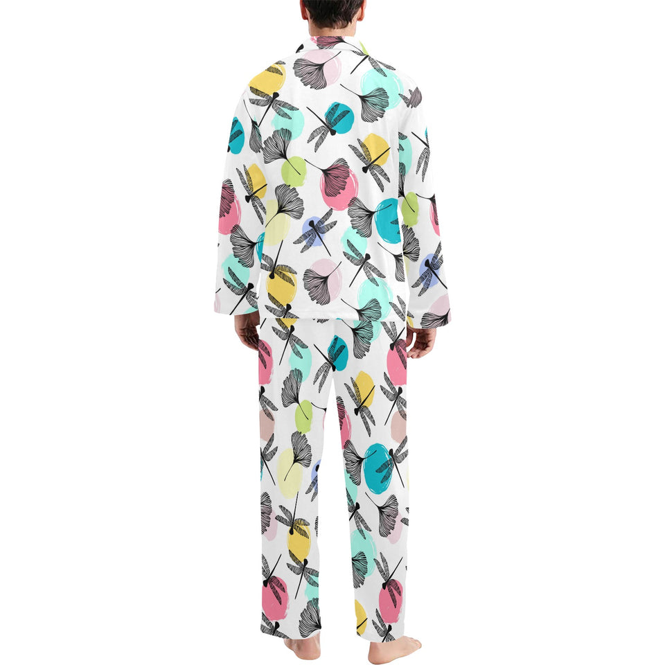 Dragonflies ginkgo leaves pattern Men's Long Pajama Set