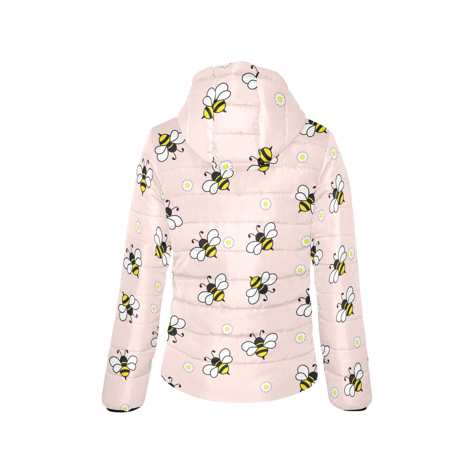 Cute bee flower pattern pink background Women's Padded Hooded Jacket