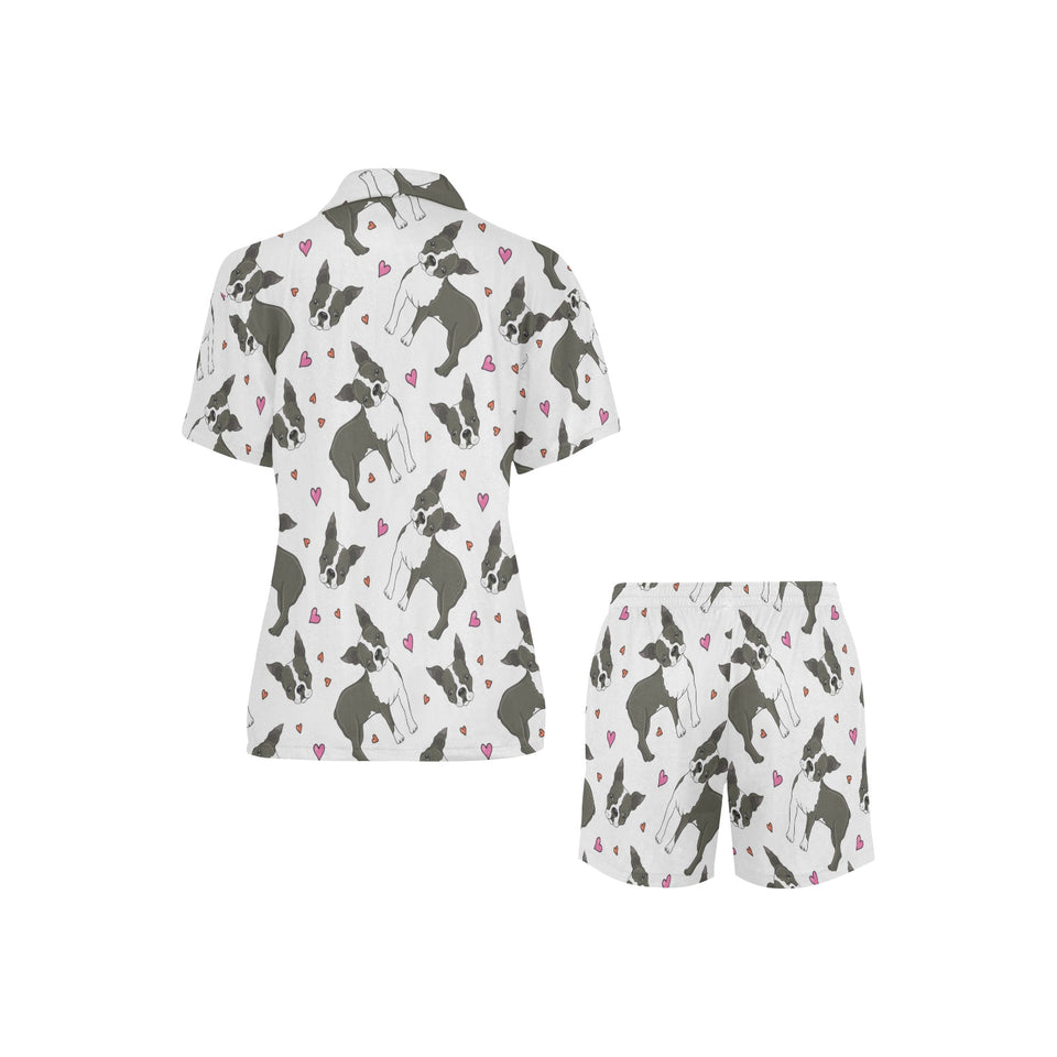Boston terrier dog hearts vector pattern Women's V-Neck Short Pajama Set