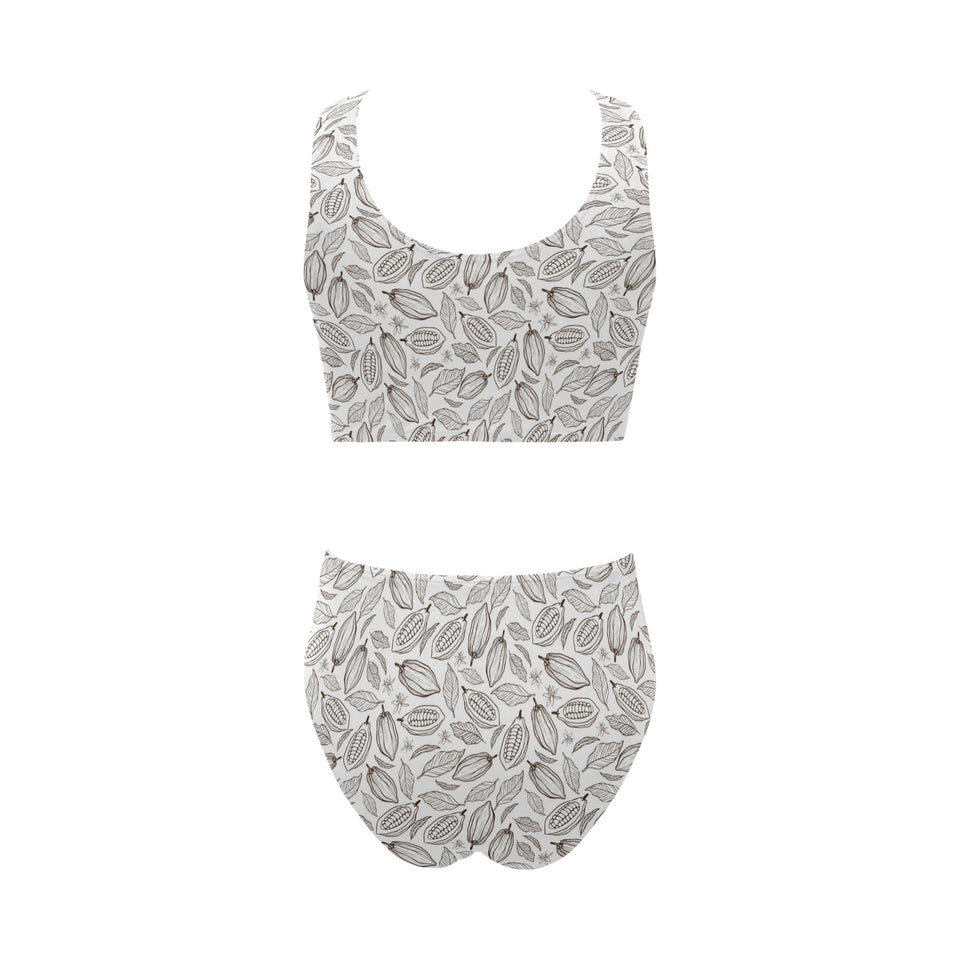 cacao beans leaves pattern Chest Bowknot High Waisted Bikini Swimsuit