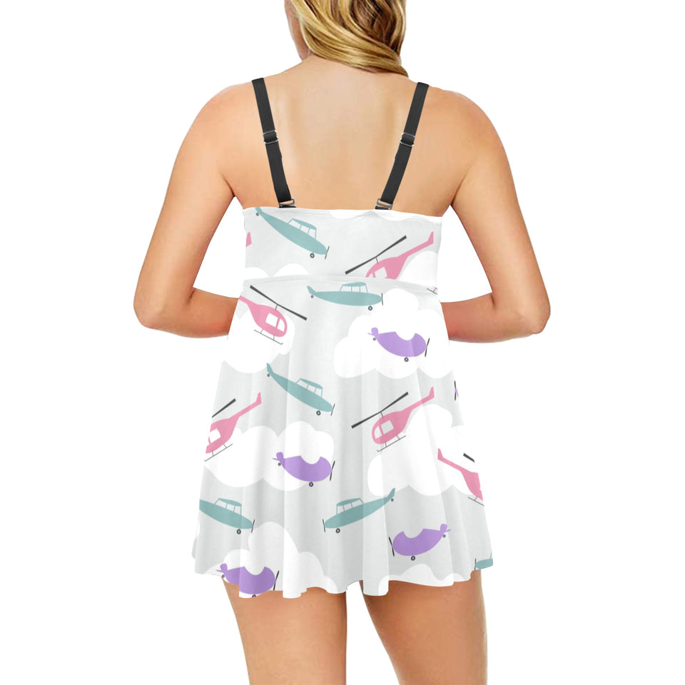 Helicopter plane pattern Chest Sexy Pleated Two Piece Swim Dress
