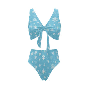 Snowflake pattern blue background Chest Bowknot High Waisted Bikini Swimsuit