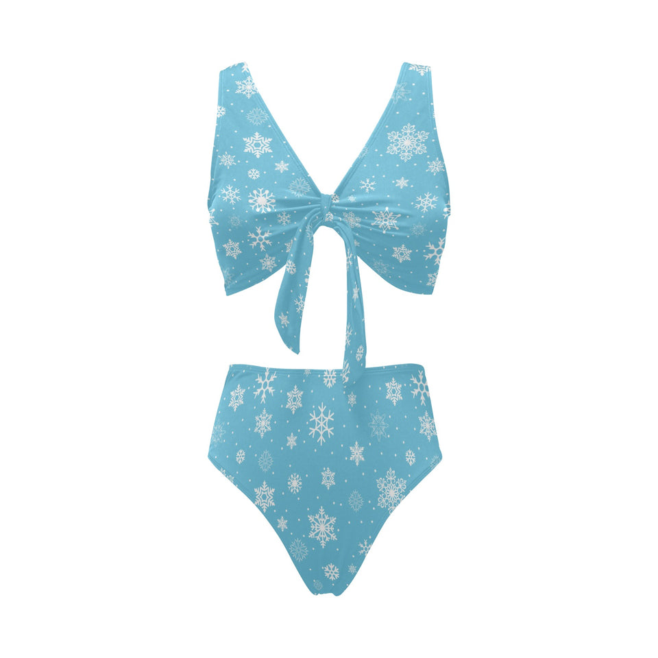 Snowflake pattern blue background Chest Bowknot High Waisted Bikini Swimsuit