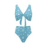 Snowflake pattern blue background Chest Bowknot High Waisted Bikini Swimsuit