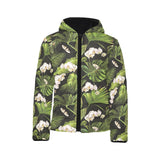 White orchid flower tropical leaves pattern blackg Kids' Boys' Girls' Padded Hooded Jacket