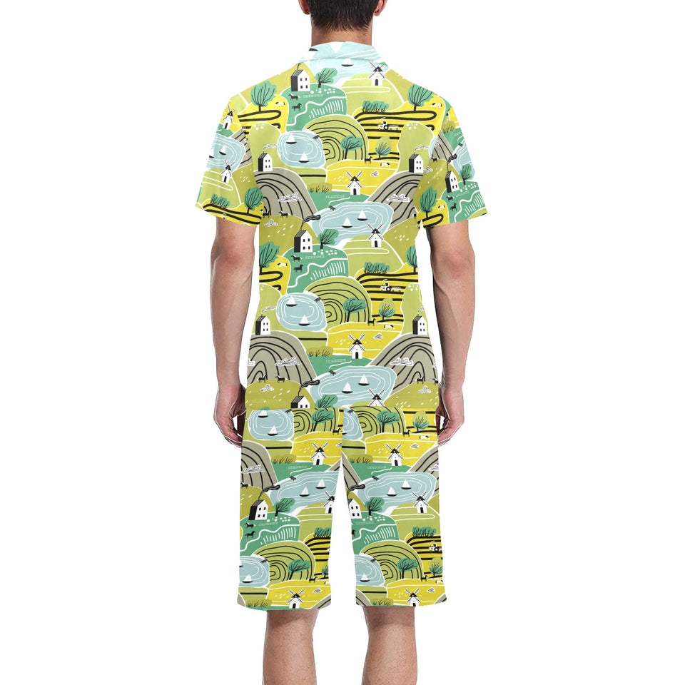 Hand drawn windmill pattern Men's V-Neck Short Pajama Set